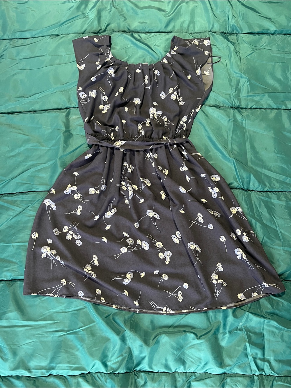 LC Lauren Conrad Black Floral Midi Dress with White & Light Blue Blooms